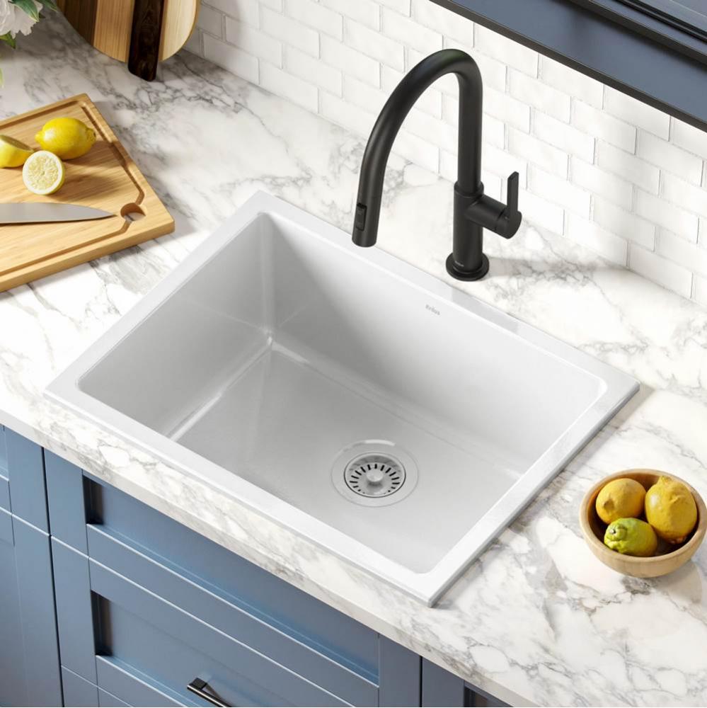 KRAUS Turino 24&apos;&apos; Drop-In Undermount Fireclay Single Bowl Kitchen Sink with Thick Mounti