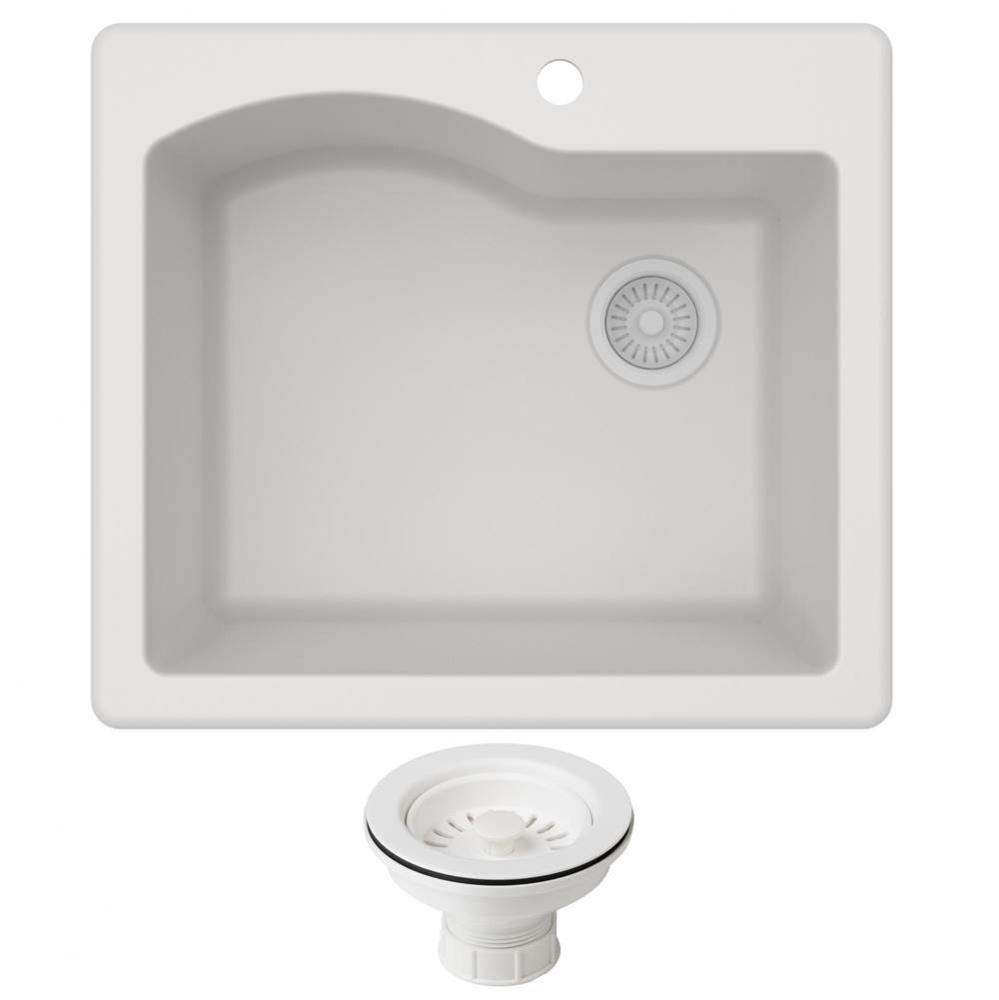 Quarza 25&apos;&apos; Dual Mount Single Bowl Granite Kitchen Sink and Strainer in White