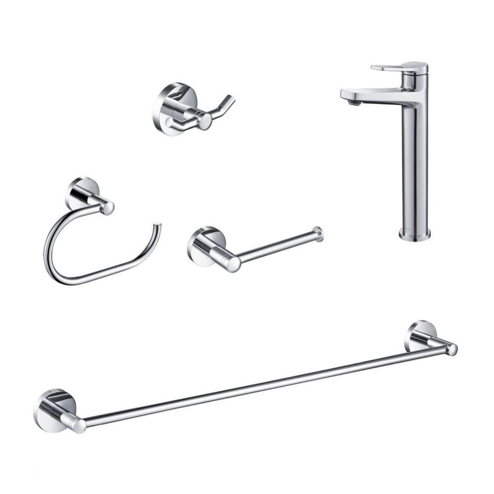 Indy Single Handle Vessel Bathroom Faucet with 24-inch Towel Bar, Paper Holder, Towel Ring and Rob