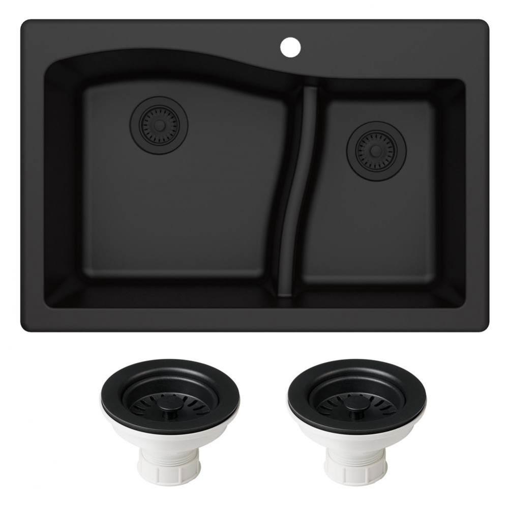 Quarza 33&apos;&apos; Dual Mount 60/40 Double Bowl Granite Kitchen Sink and Strainers in Black