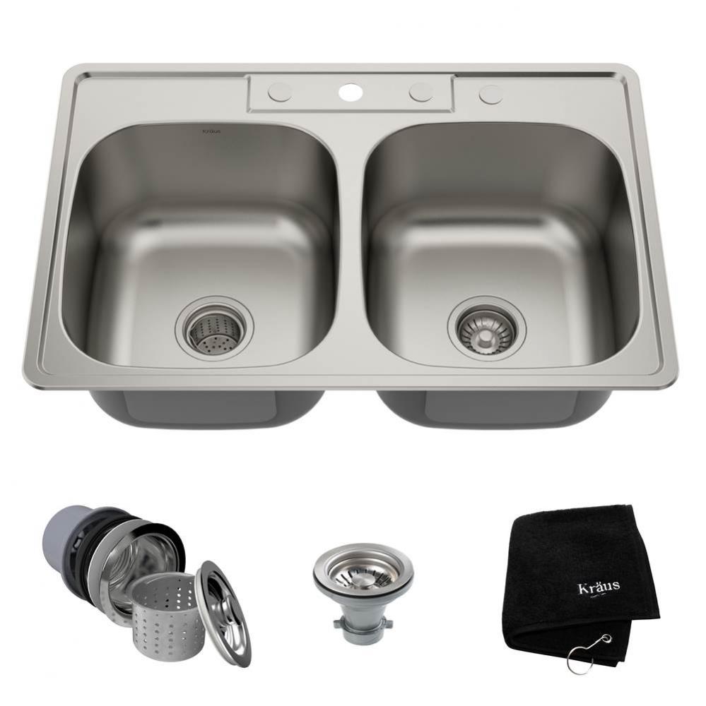 KRAUS 33 Inch Topmount 50/50 Double Bowl 18 Gauge Stainless Steel Kitchen Sink with NoiseDefend So