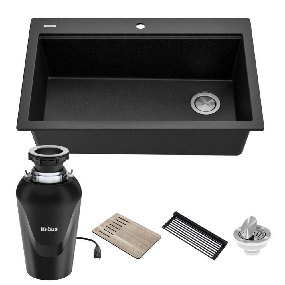 Bellucci Workstation 33 in. Drop-In Granite Composite Single Bowl Kitchen Sink in Metallic Black w