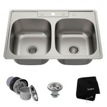 Kraus KTM33 - KRAUS 33 Inch Topmount 50/50 Double Bowl 18 Gauge Stainless Steel Kitchen Sink with NoiseDefend So