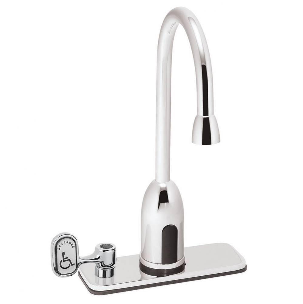 SensorFlo Gooseneck S-9218-CA-E AC Powered Sensor Faucet with 4&apos;&apos; Deck Plate, Under Cntr