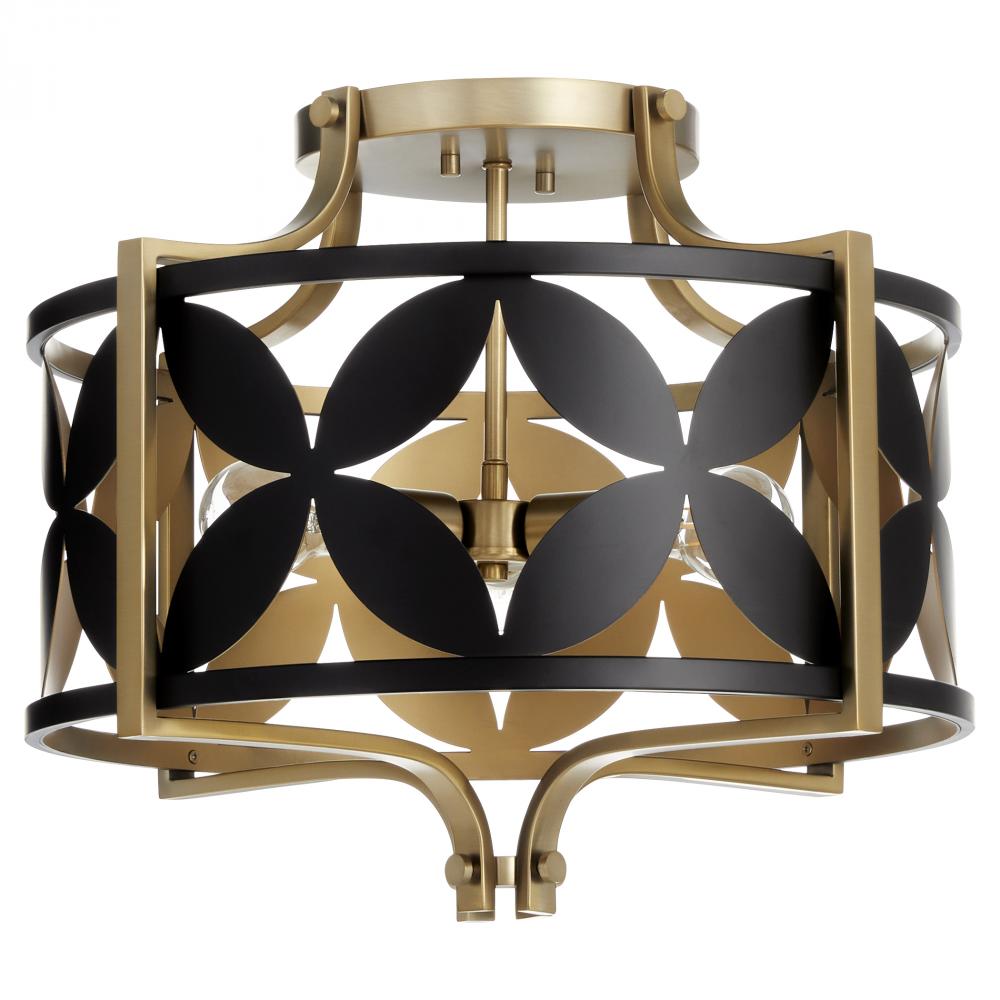 Mariposa 3 Light Semi Flush, Matte Black, Aged Brass